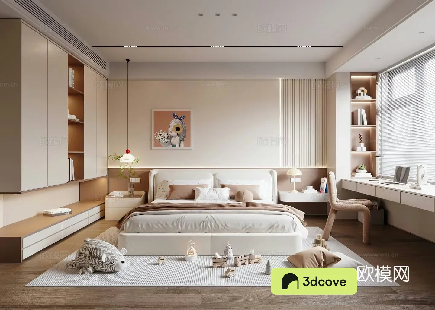 Modern creamy children’s room girls room double bed wardrobe