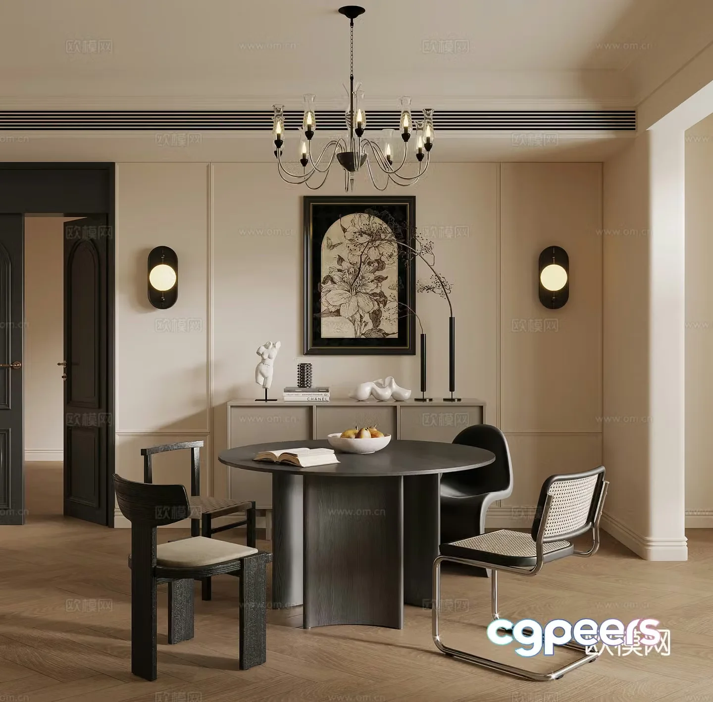 Restaurant French medieval restaurant Dining table and chairs Cabinet 3d model