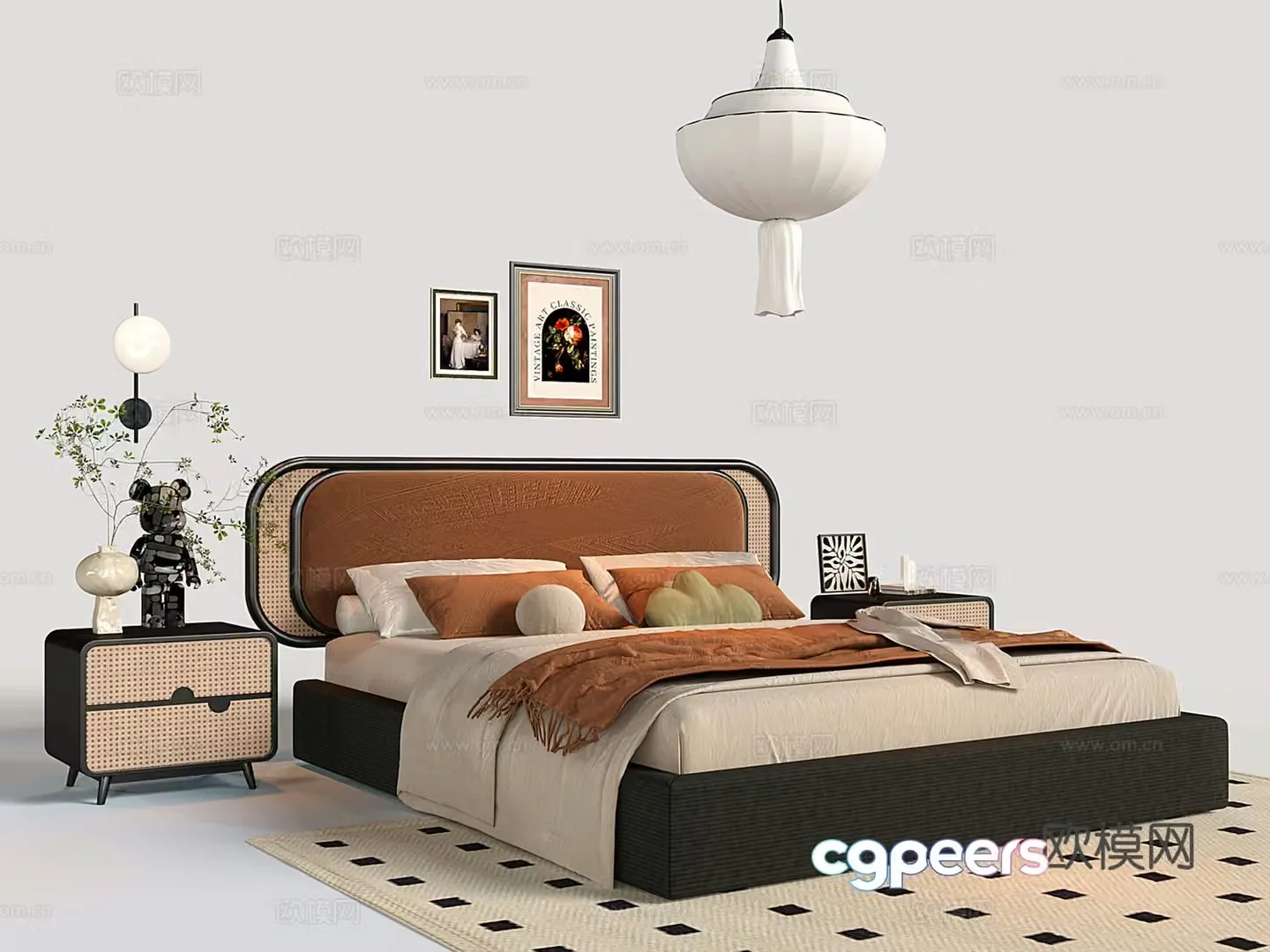 French retro double bed retro rattan double bed bed nightstand chandeliers 3d model