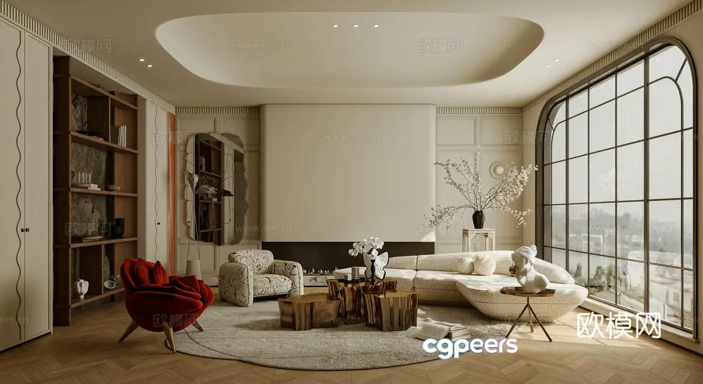 French living room sofa coffee table combination single sofa curved sofa side table 3D model
