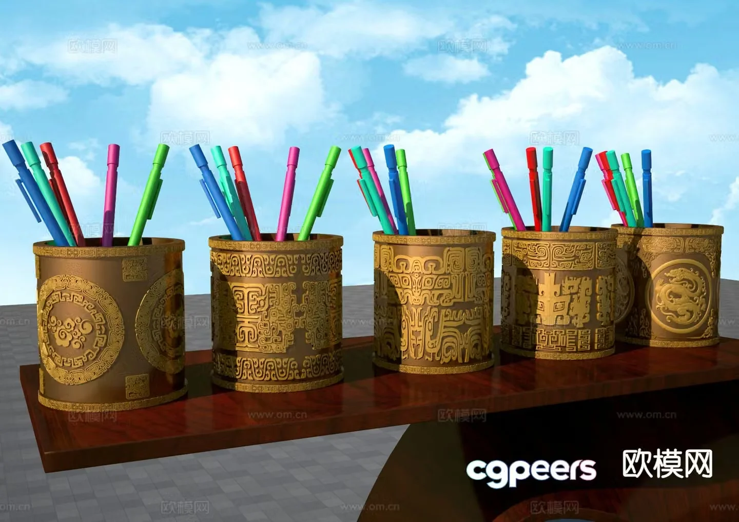 Taotie embossed pen holder metal pen holder oil pen 3D model
