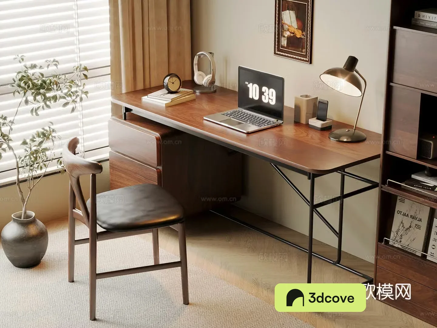 Middle-aged style desk and chair solid wood computer desk and chair writing desk study desk and chair solid wood single chair bookcase 3D model
