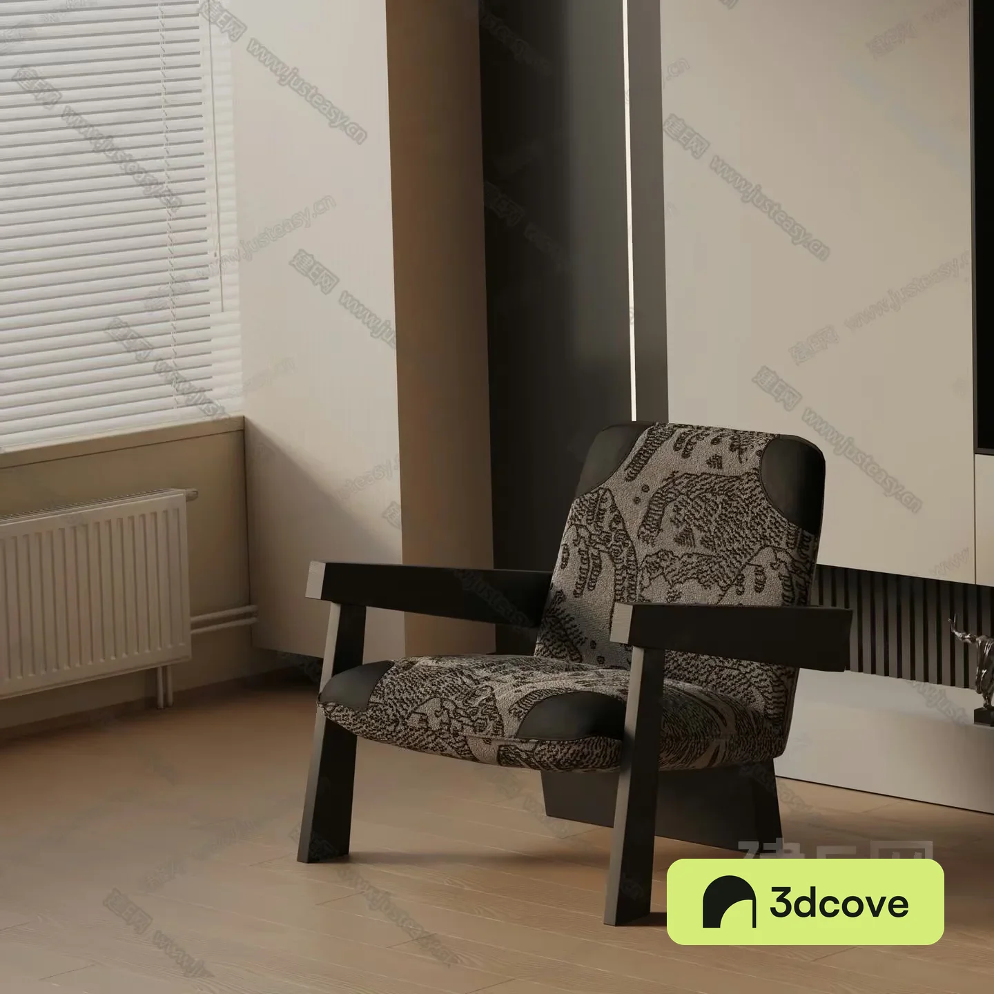 A Black And White Patterned Chair In A Room