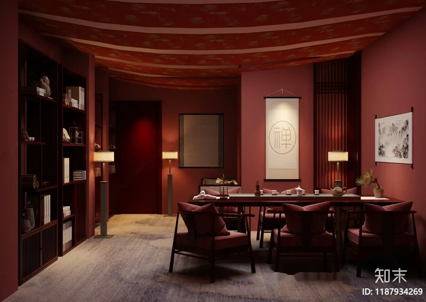 A Dimly Lit Dining Room With Red Walls And A Long Table 3D Model – 11002 – CORONA Render