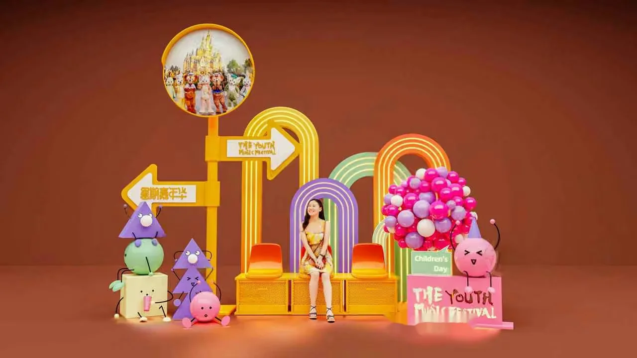 The Image Features A Woman In A Yellow Dress Sitting On A Colorful Stage 3D Model – 5086 – VRAY Render