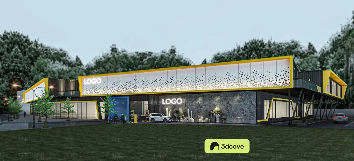 The Main Subject Is A Modern Building With A Yellow And White Color Scheme