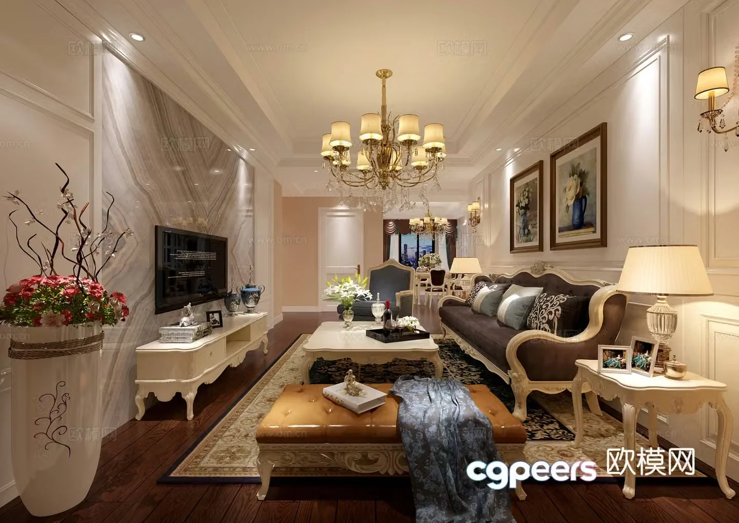 Simple European style living and dining room sofa coffee table chandeliers paintings TV cabinets ornaments dining tables and chairs 3D models