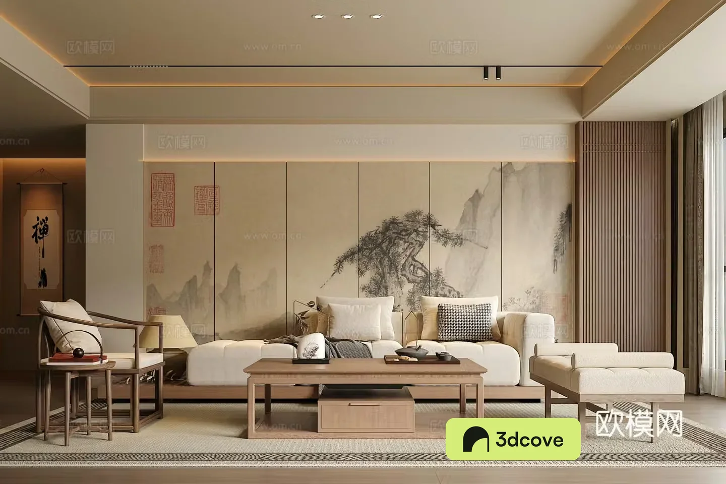 Song’s medieval style living room sofa and coffee table combination green plants accessories and decorations desk lamps background wall