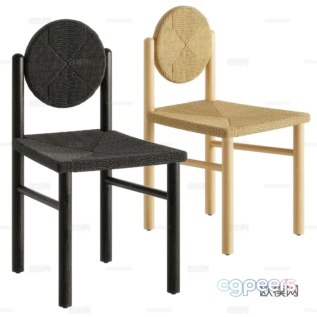 New Chinese style wasabi rattan wooden dining chair 3D model