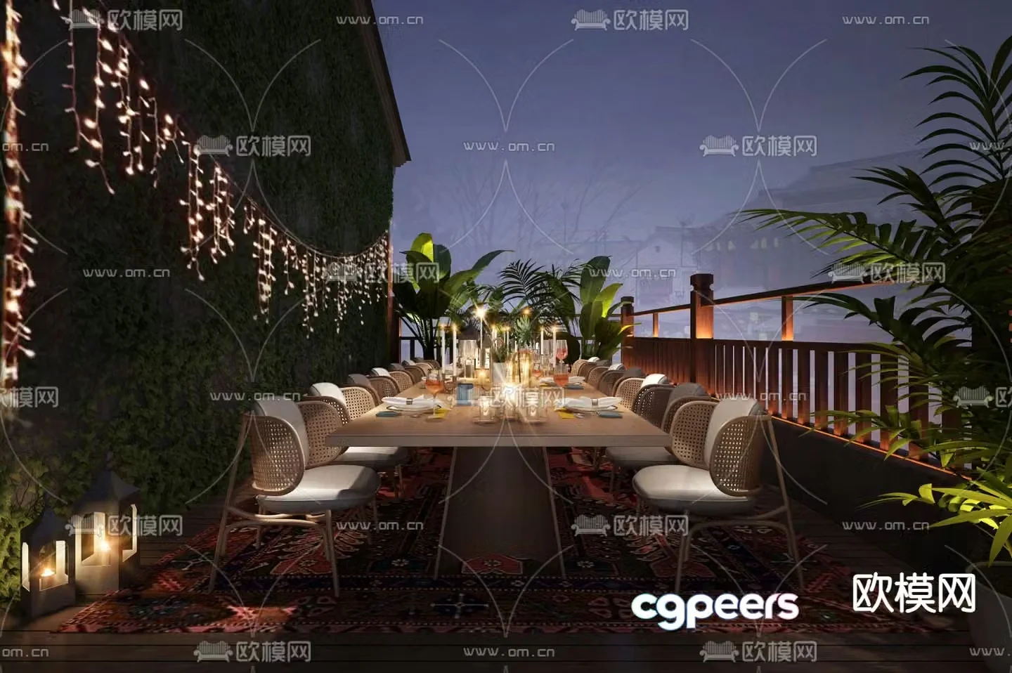 Balcony Terrace Roof Garden Night View 3d model