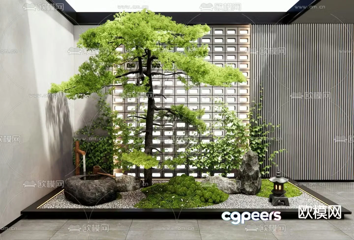 New Chinese style landscaping courtyard sketch pine tree landscape 3d model