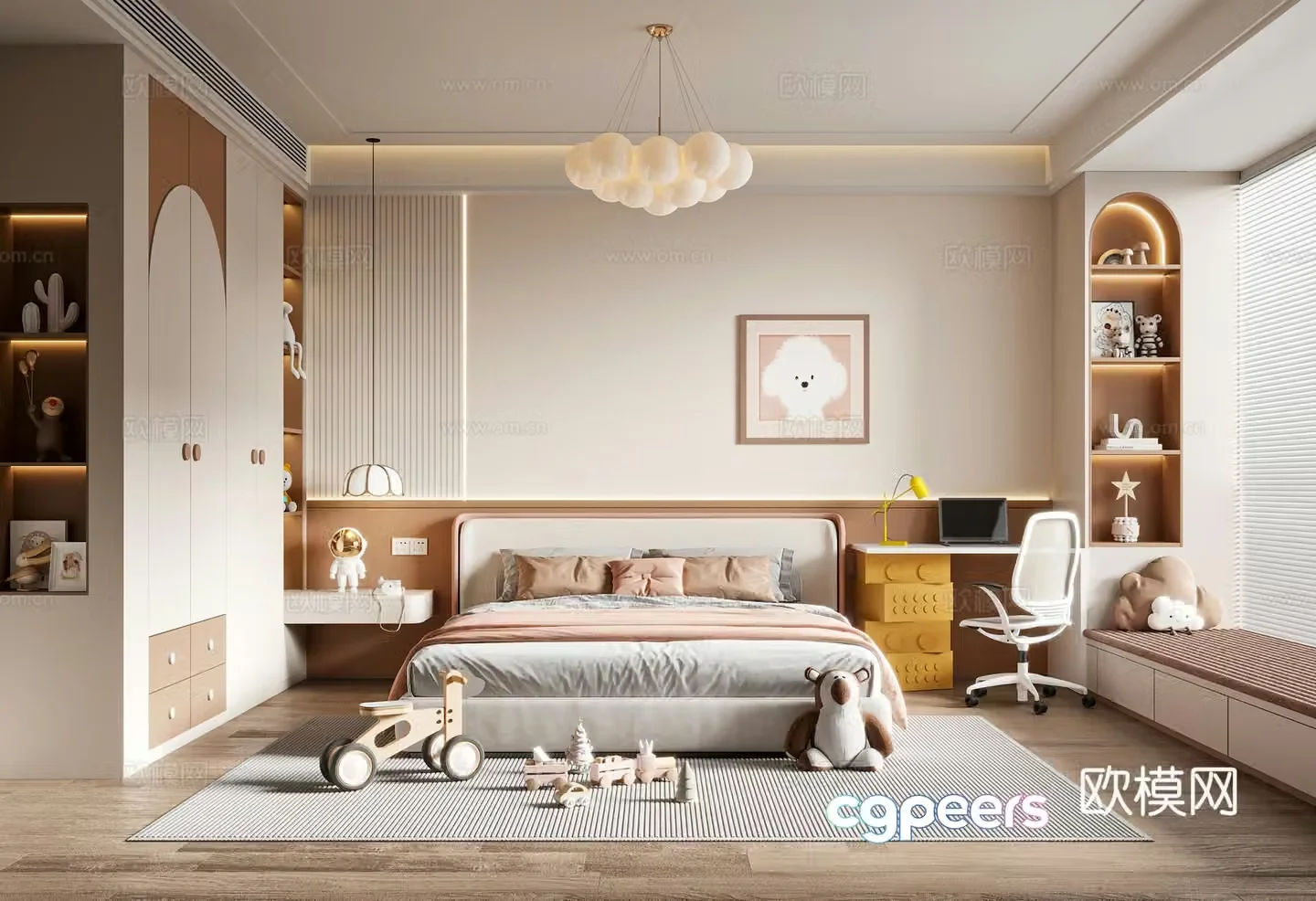 Modern creamy children’s room daughter’s room children’s double bed children’s wardrobe children’s desk and chair 3d model
