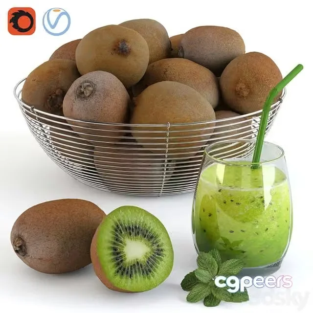 3ds Max Free – Fresh kiwi and mint drink, kiwi in a bowl