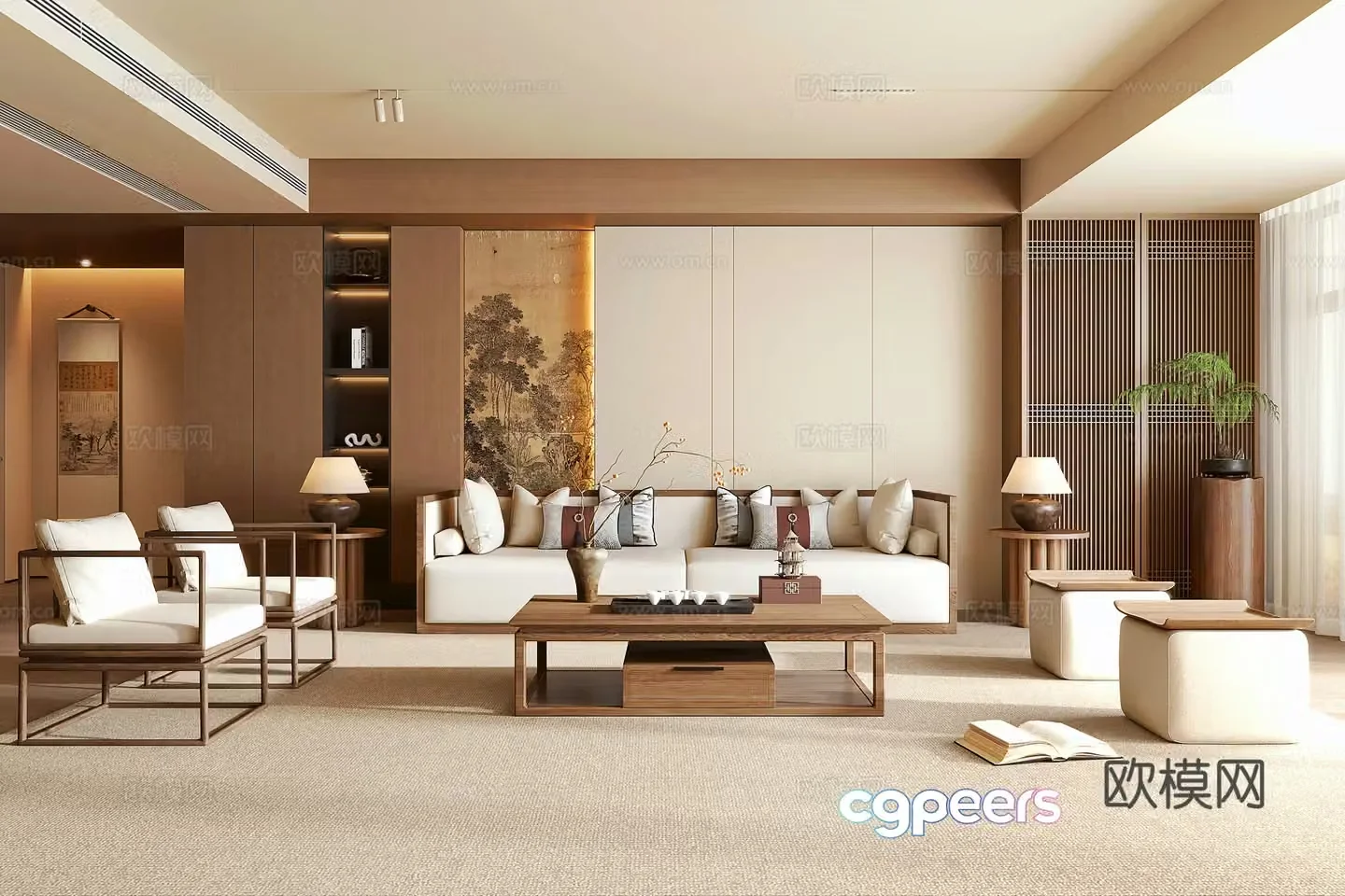 New Chinese living room New Chinese style combination sofa Coffee table New Chinese style sofa background wall Potted green plants 3D model