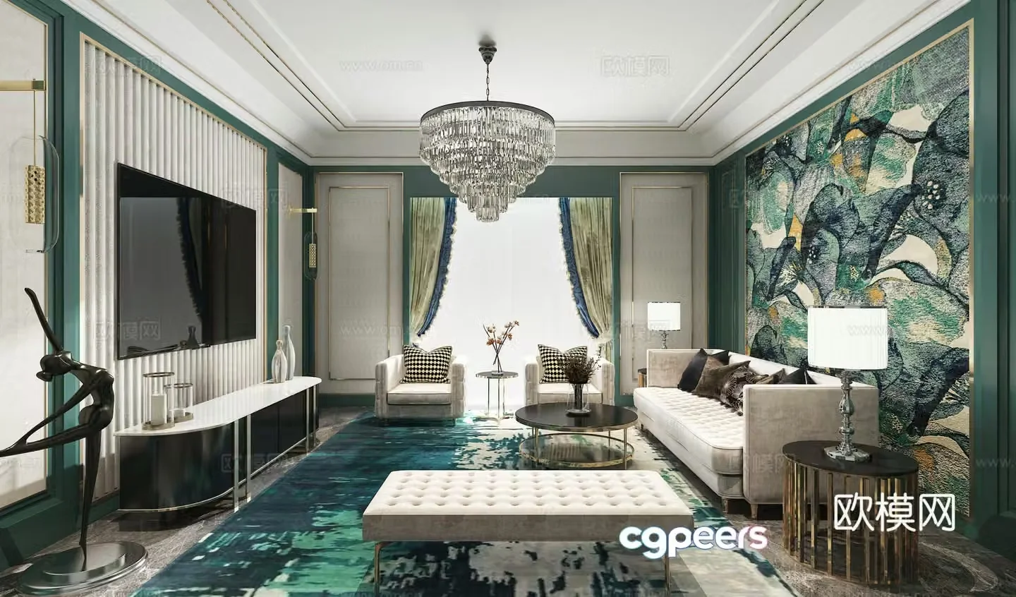 European living room sofa coffee table chandelier decoration 3d model