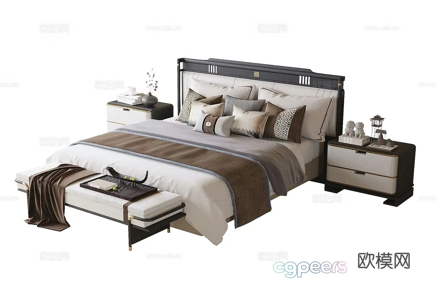 New Chinese style double bed bed tail stool bedside table 3D model