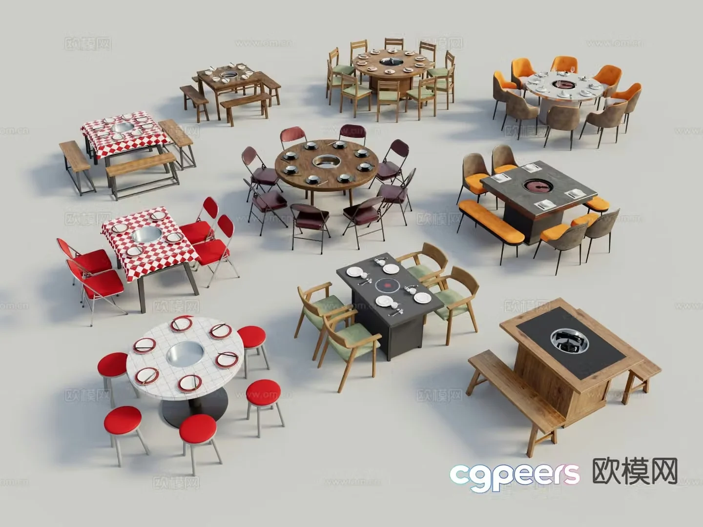 Modern hot pot table dining table and chairs 3d model