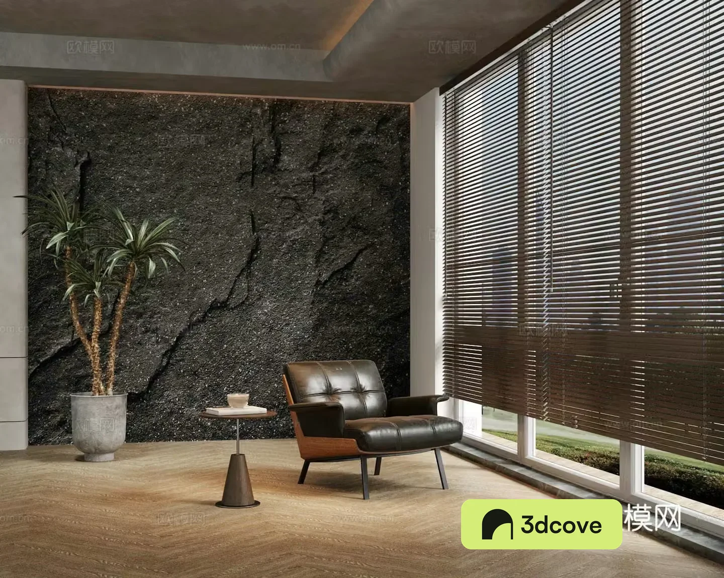 Venetian blinds leisure chair side green plant stone wall background wall