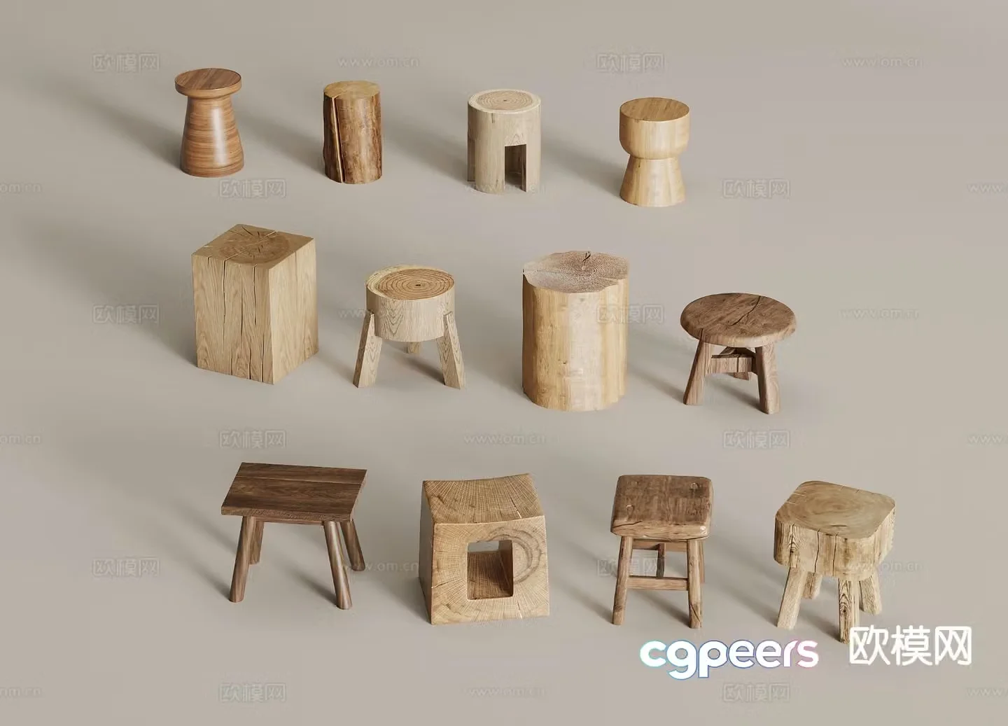 Wabi-sabi style stool wooden stool round stool 3d model