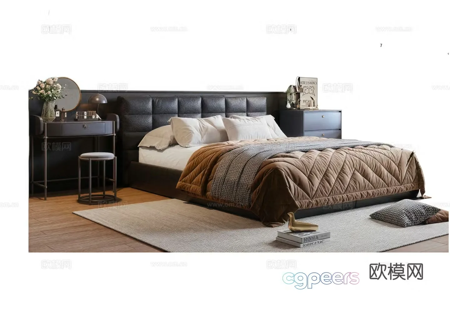 Modern Italian double bed leather bed fabric bed bed nightstand dressing table 3D model
