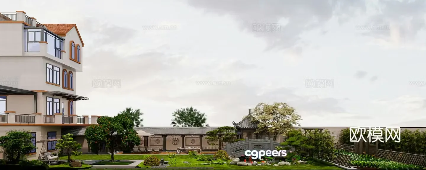 New Chinese style courtyard Villa courtyard landscape Fish pond water view New Chinese style corridor 3D model