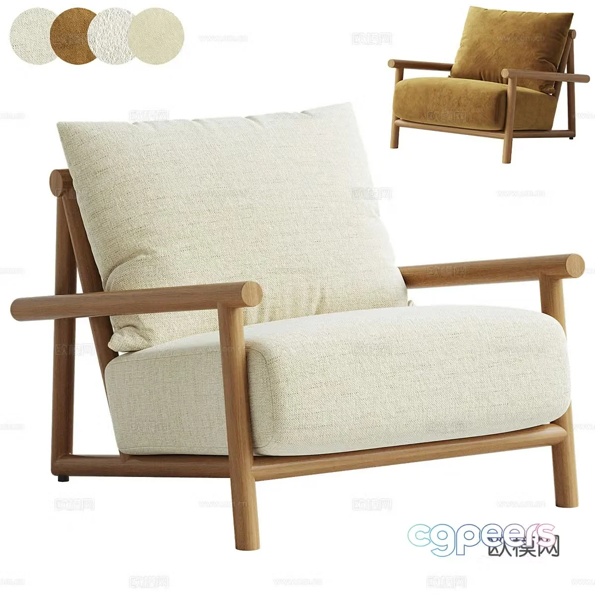 New Chinese style log fabric armchair 3D model