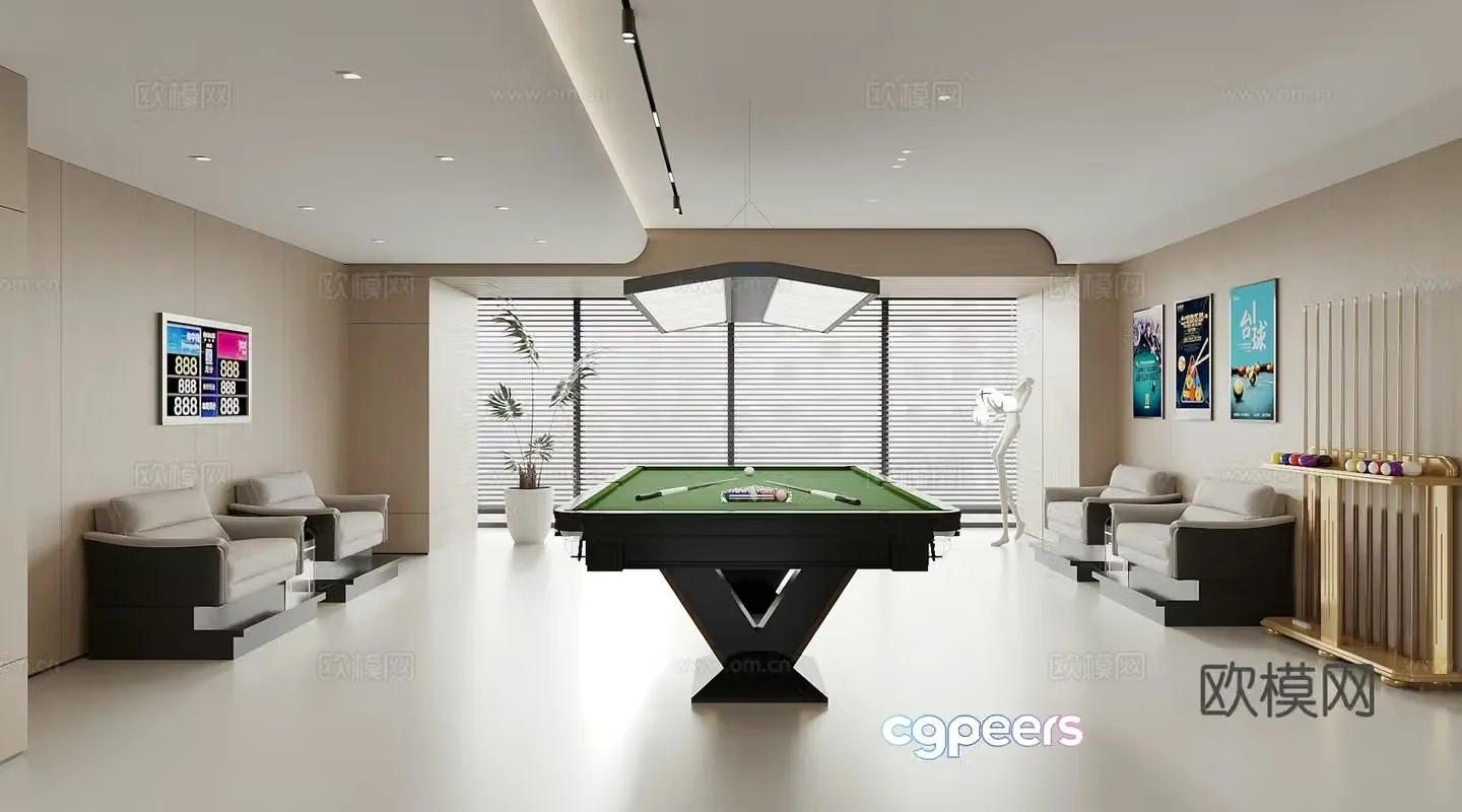 Modern billiard room billiard table billiard club hanging painting billiard table chandelier 3d model