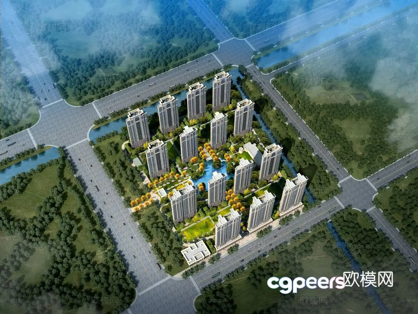 Residential area aerial view 3d model