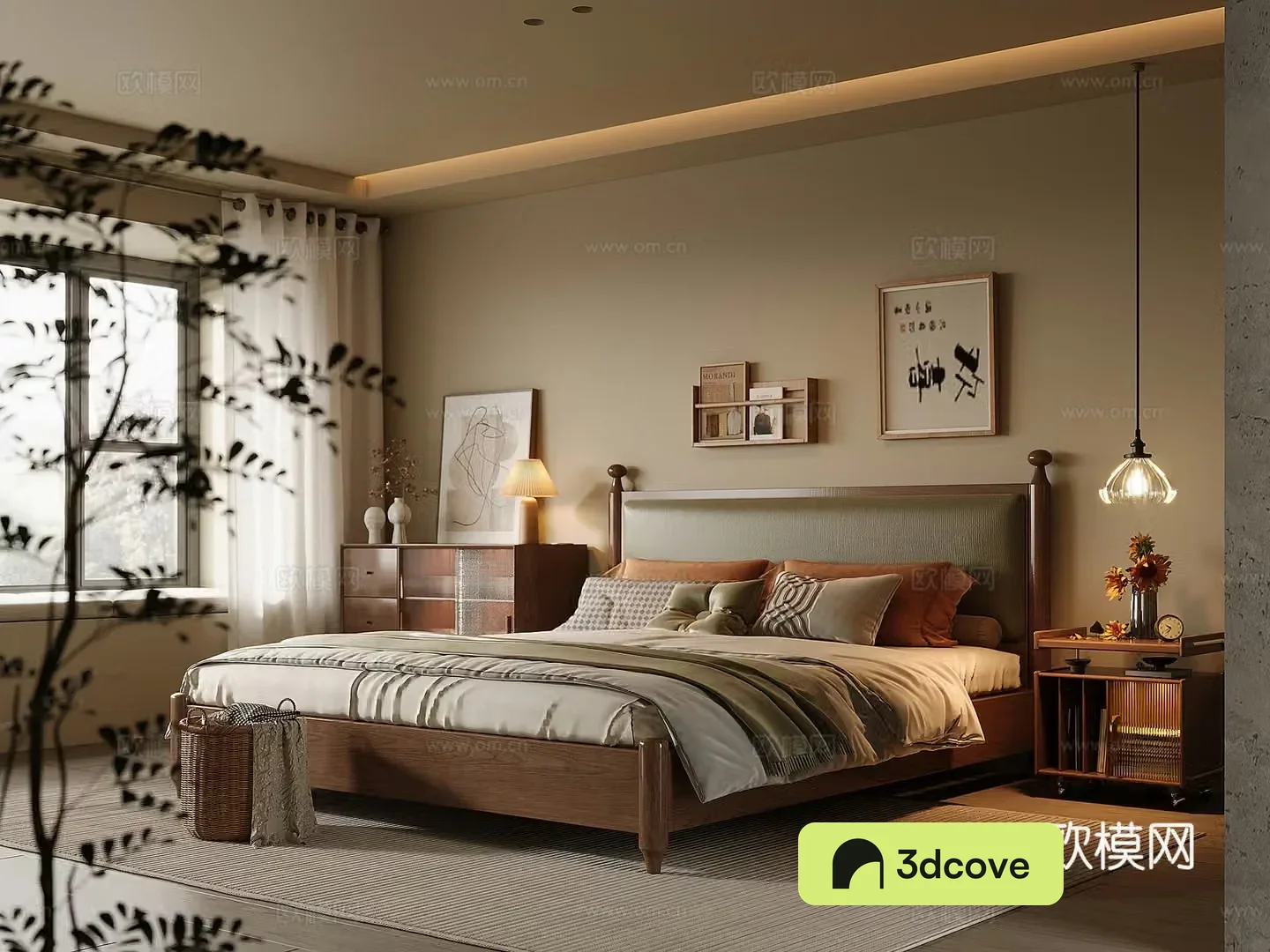 Middle-aged home bedroom solid wood double bed bedside table decorative side cabinet chandeliers 3d model