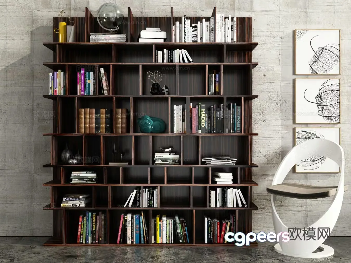Modern solid wood bookshelves leisure chair hanging picture books and jewelry 3d model