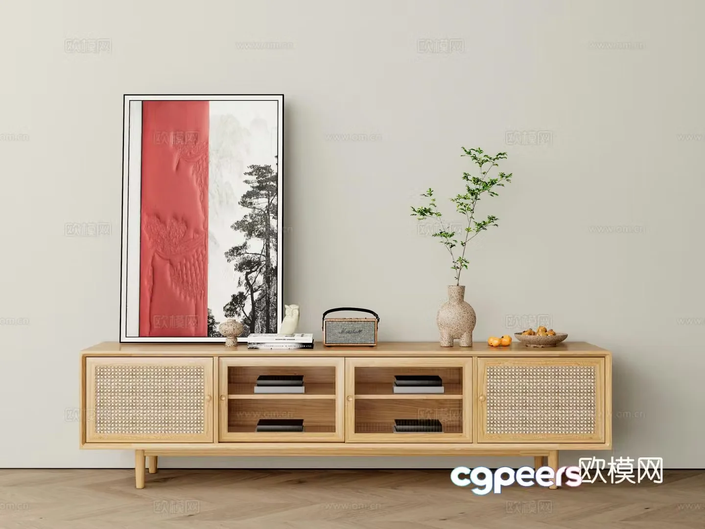 Modern solid wood TV cabinet side cabinet decorative painting floral vase 3d model