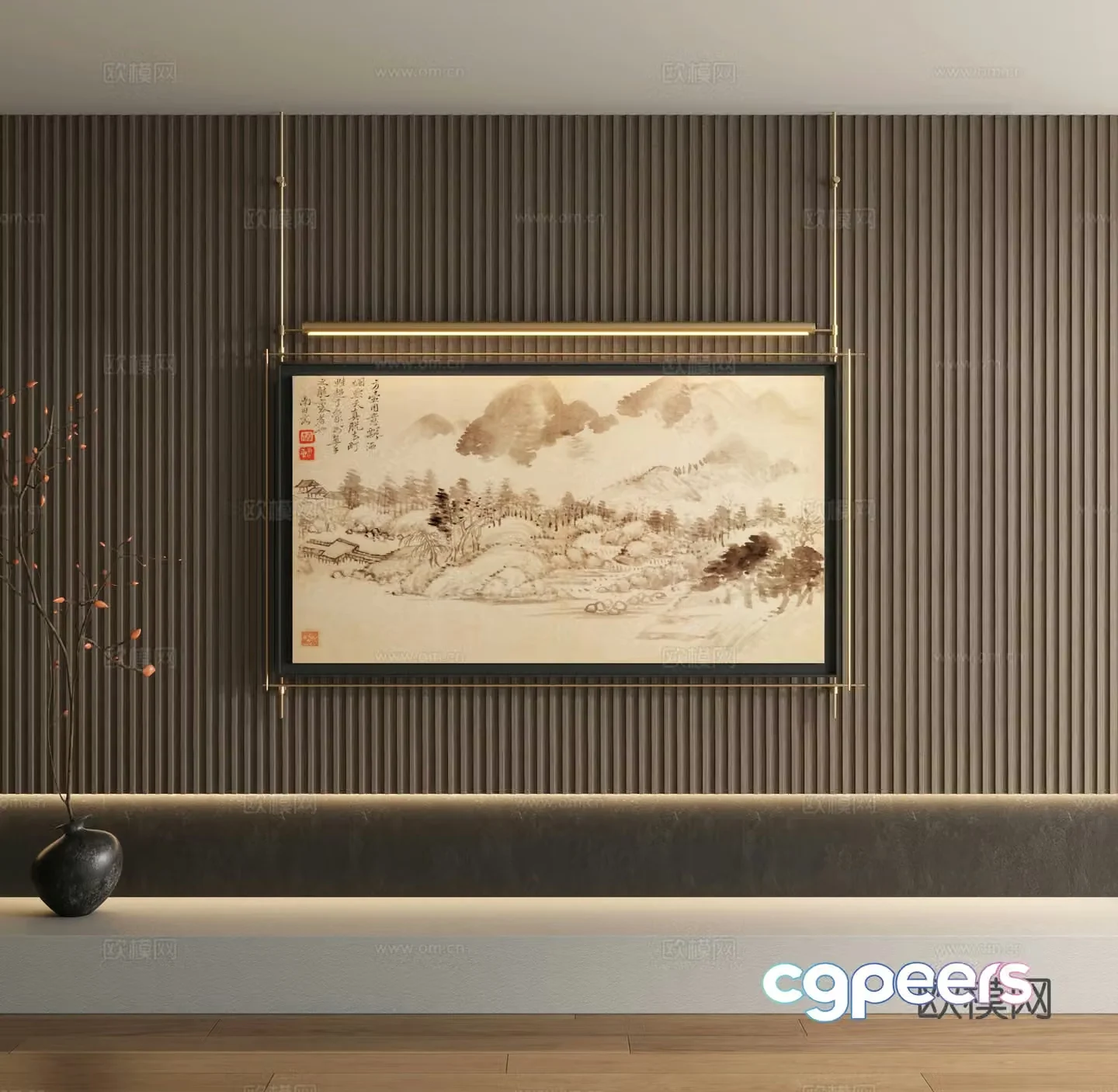 New Chinese style ink painting metal rod decorative painting 3D model