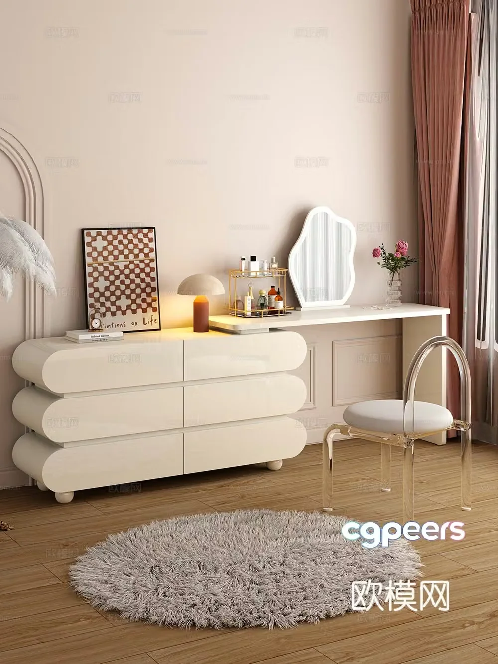 Cream style dressing table makeup stool combination dressing table makeup stool mirror decoration hanging painting 3D model