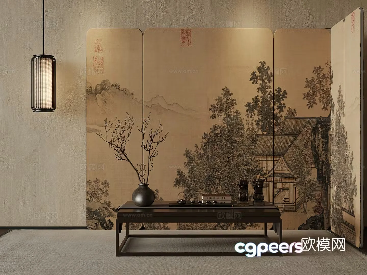 05 New Chinese-style screen coffee table chandelier 3d model
