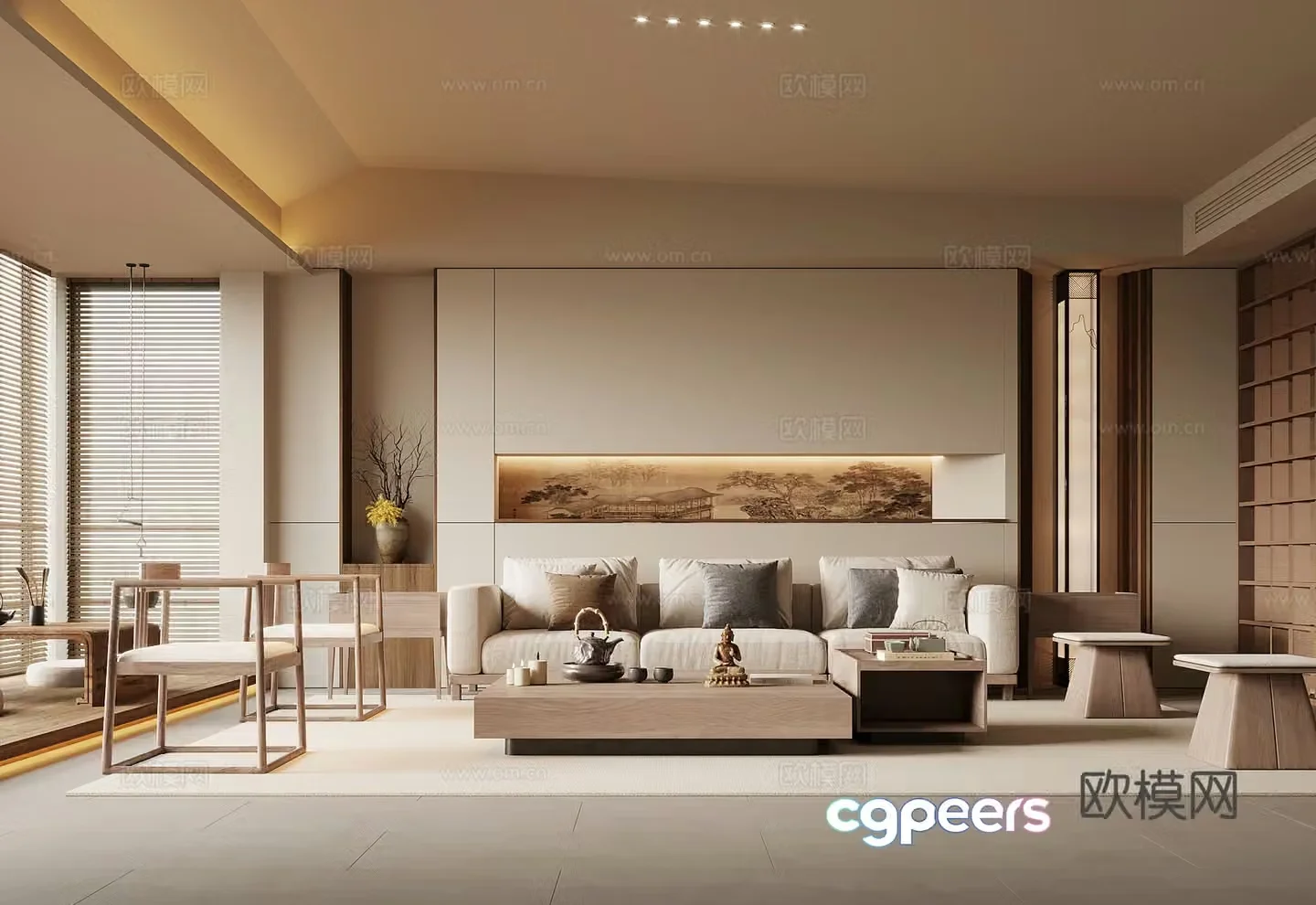 Song style living room sofa background wall sofa coffee table combination 3D model