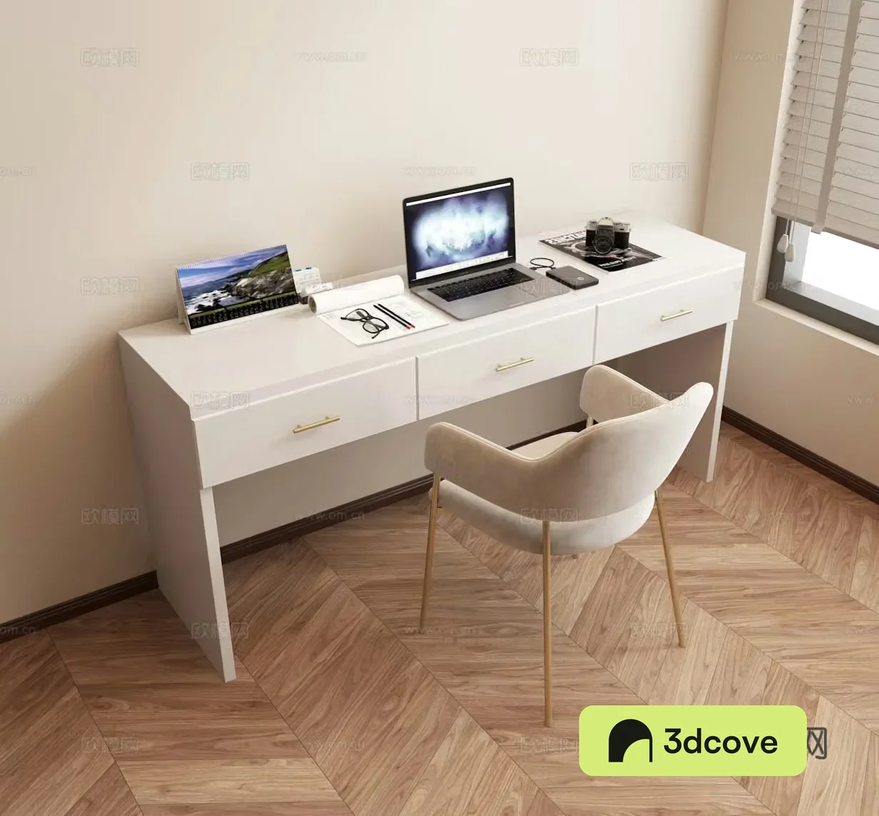 French cream modern writing desk chair laptop