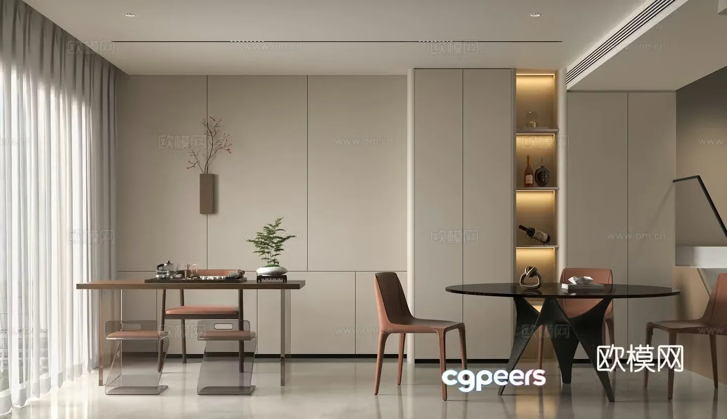 Modern minimalist restaurant tea table minimalist round dining table and chair red wine jewelry tea set ornaments small tea table leather 3D model