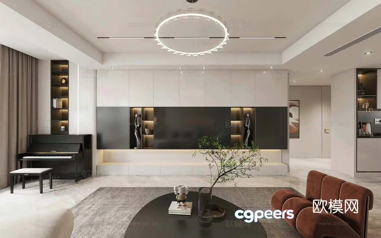 Modern TV background wall TV cabinet piano study light luxury modern living room living dining room 3d model