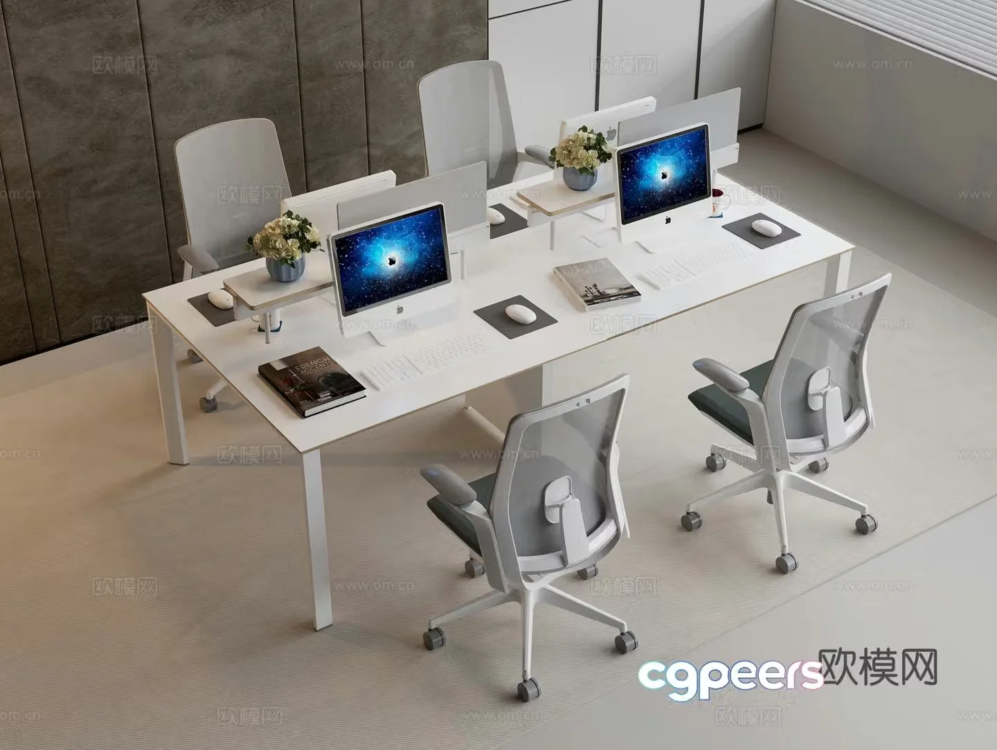 Modern office desk rotating office chair desktop computer keyboard mouse vase flower art books 3d model