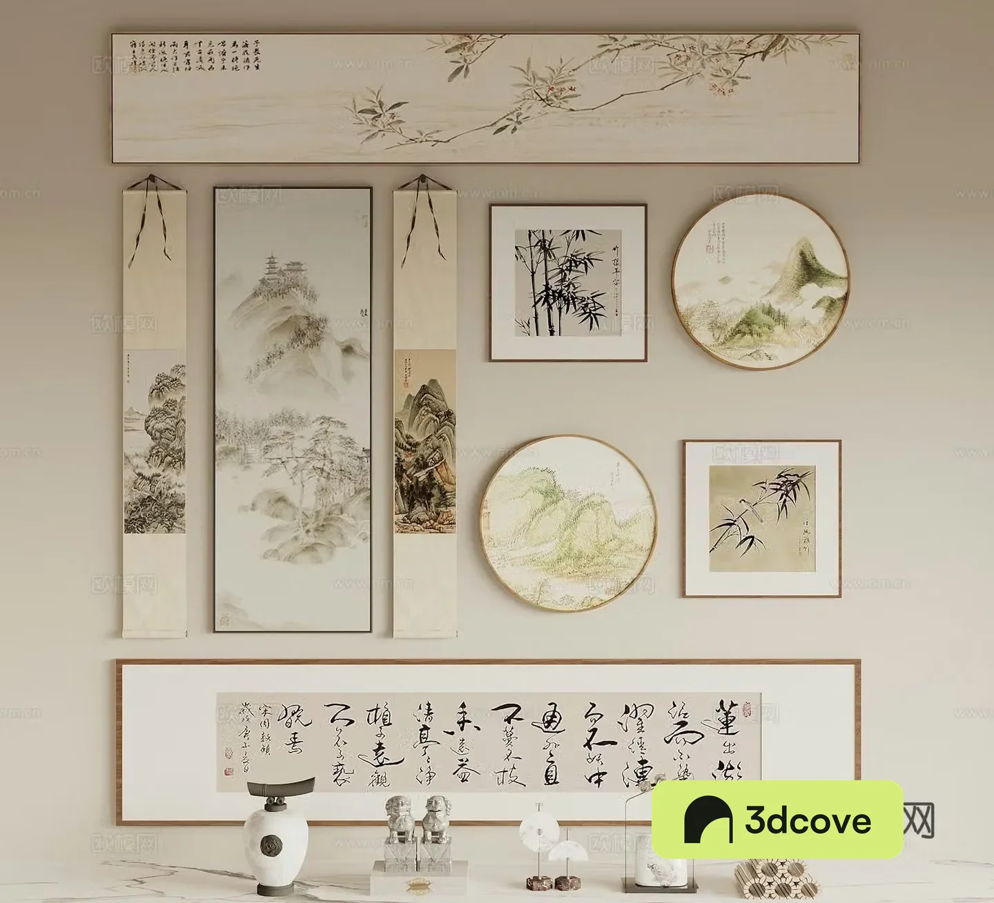 New Chinese style hanging paintings calligraphy and painting round hanging paintings study hanging paintings tea room hanging paintings