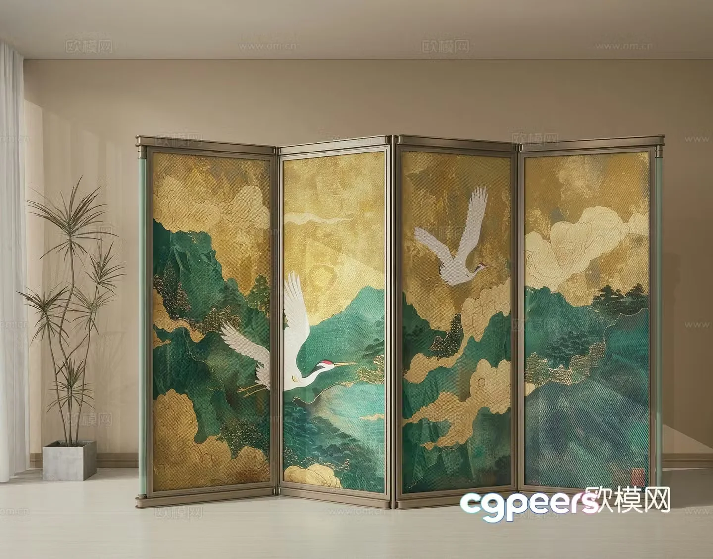New Chinese Zen Screen Foldable Screen Partition Metal Screen Retro Screen 3D Model