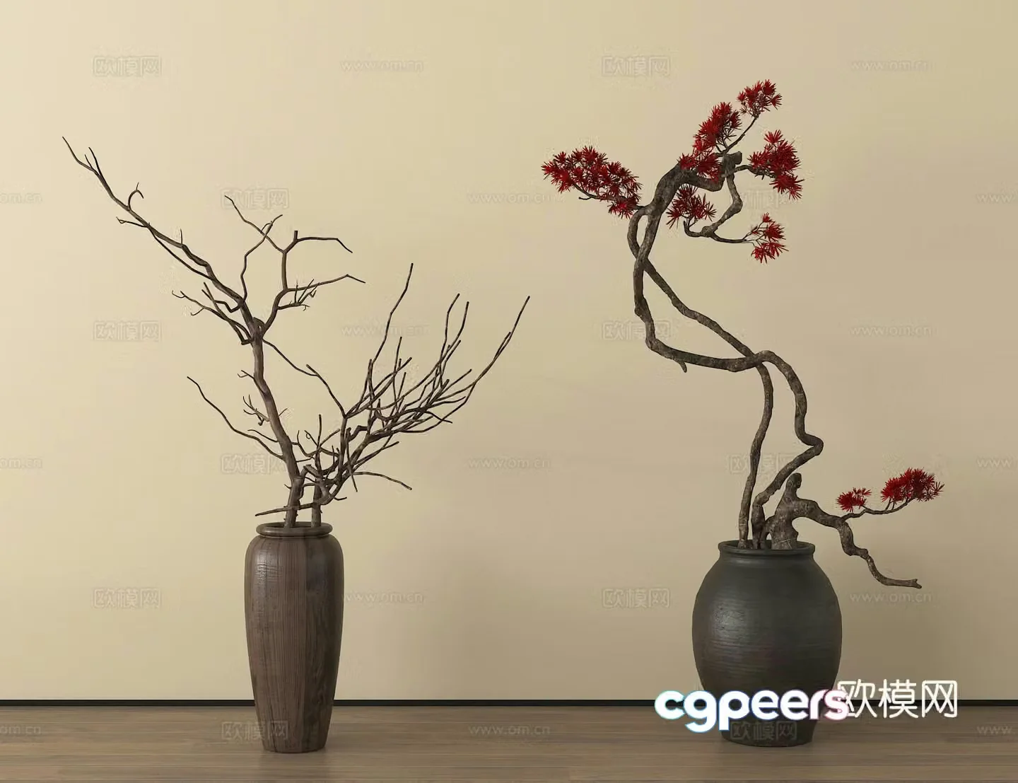 Dried branches and flower art flower art vase clay jar 3d model