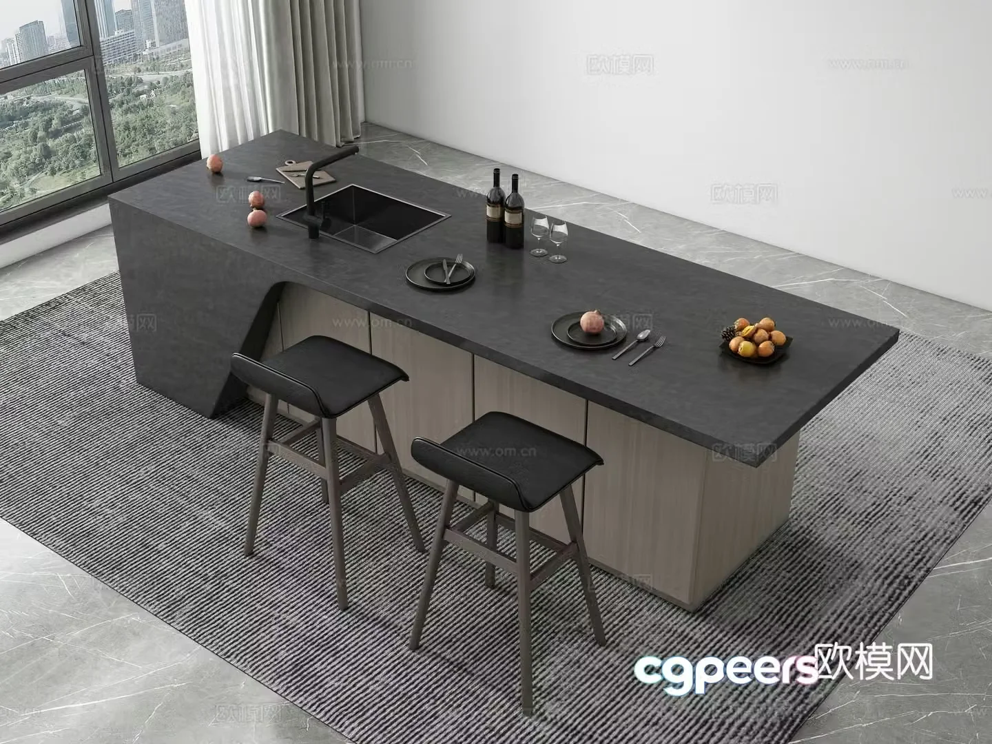 Modern island dining table and chair 3d model