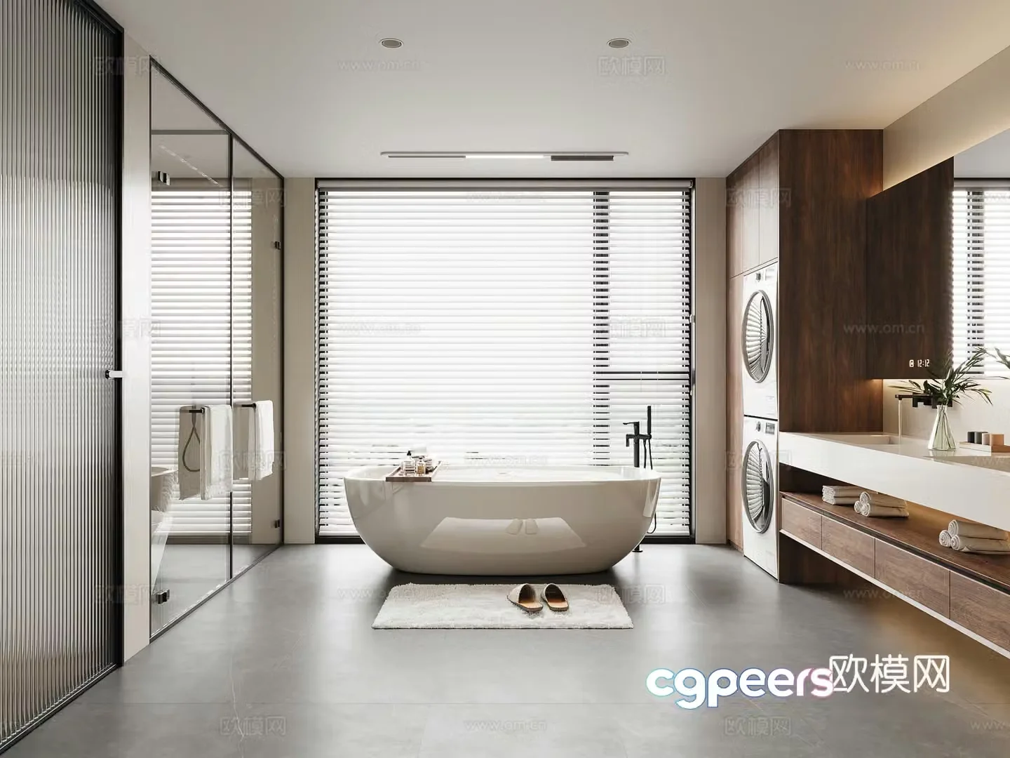 Modern bathroom Bathtub Washing machine Bathroom carpet Linear bathroom heater 3d model