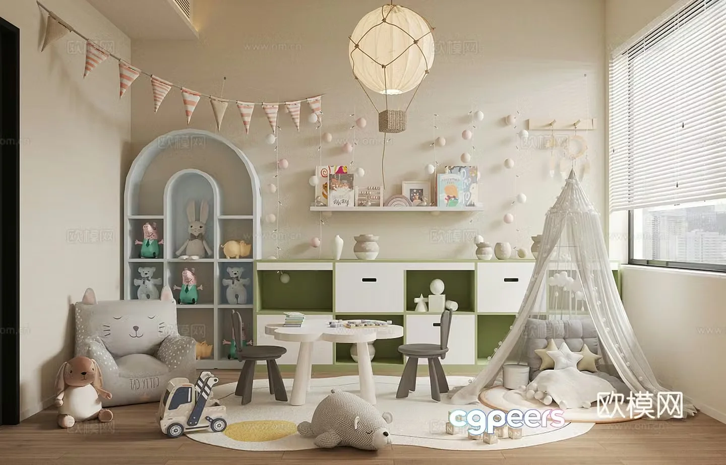 Modern children’s entertainment room Toy room Children’s bookcase Children’s activity table and chairs Toy doll combination 3D model