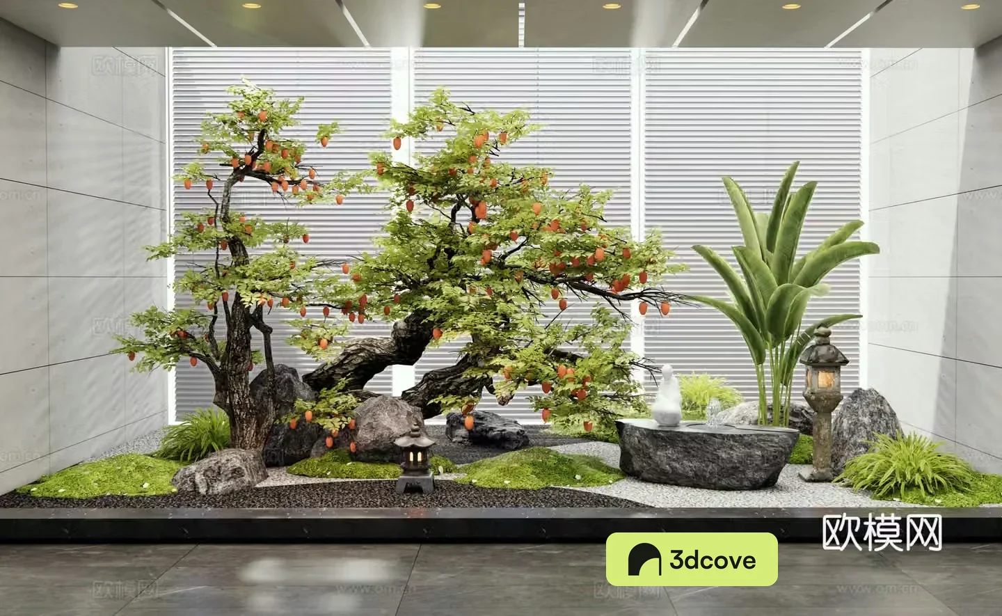 New Chinese style interior landscape courtyard sketch persimmon tree landscape tree old pile fruit tree