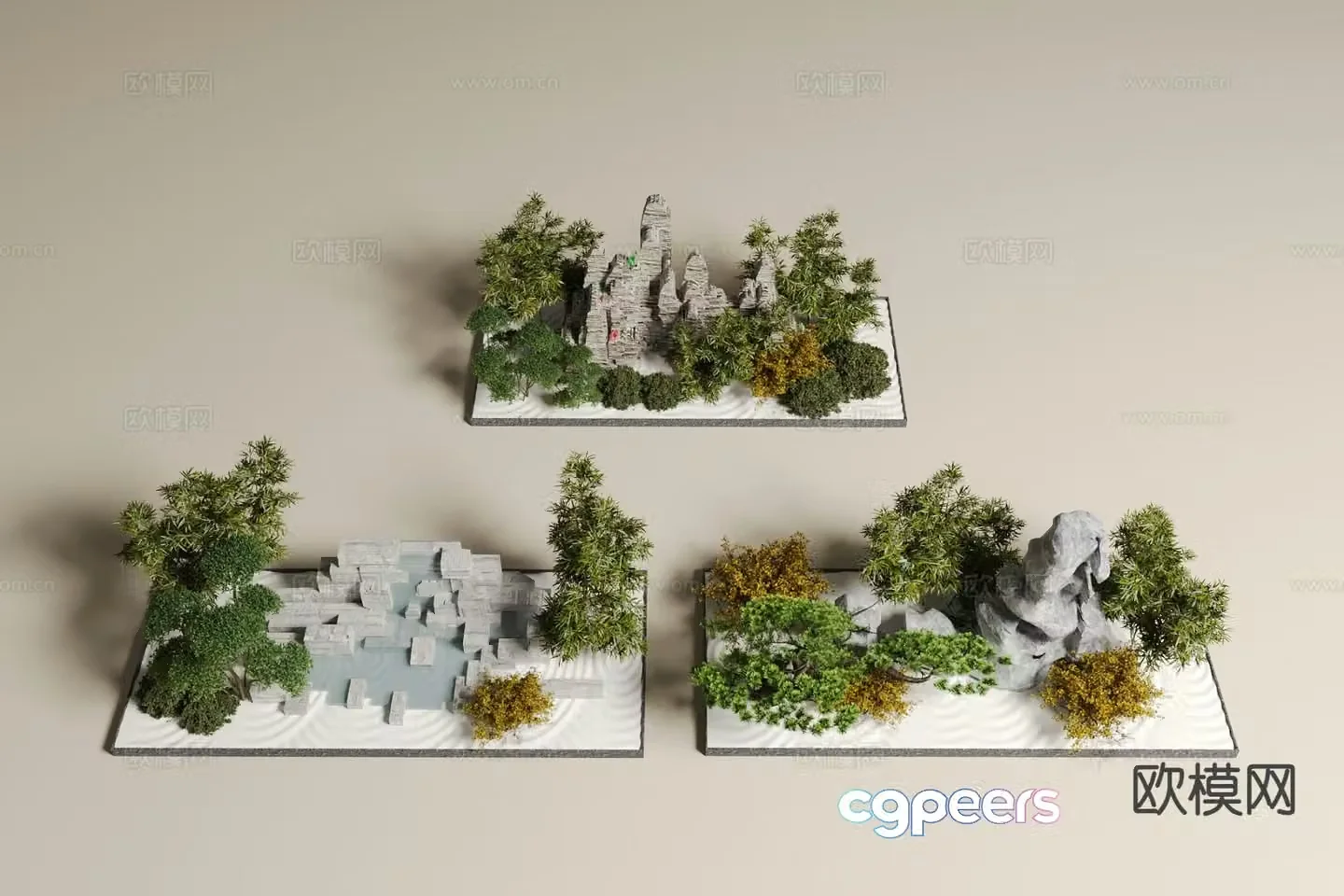 Rockery waterscape stacked stone waterfall plant landscaping 3D model