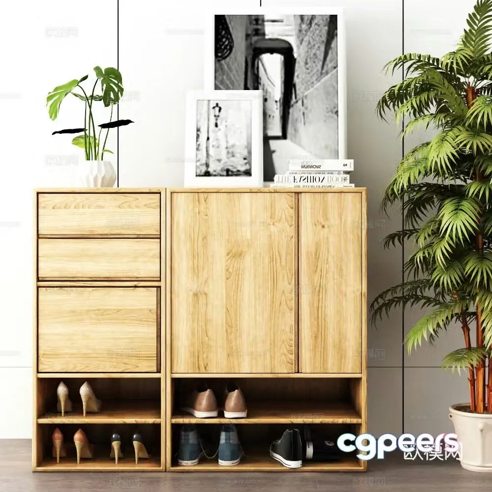 Nordic solid wood shoe cabinet green plant 3D model