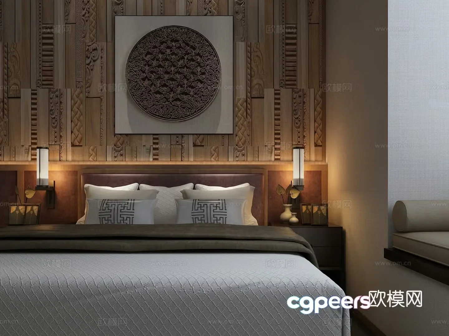 Southeast Asian style double bed wall lamp background wall decoration 3d model