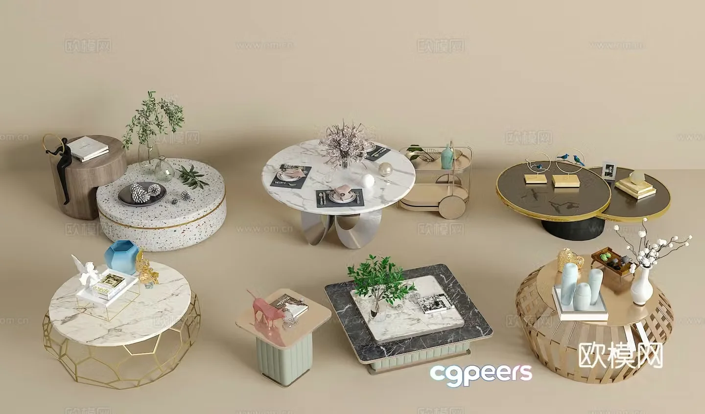 Coffee table combination green plants jewelry ornaments book 3d model